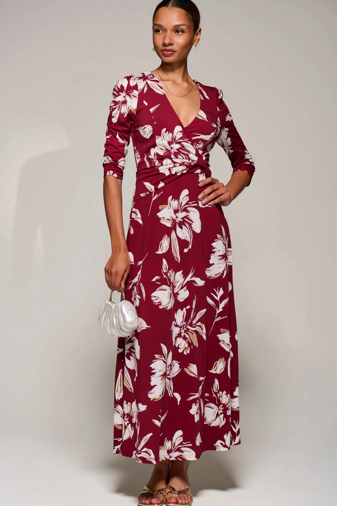 Jersey Ruched Waist Fit & Flare Maxi Dress, Burgundy Floral