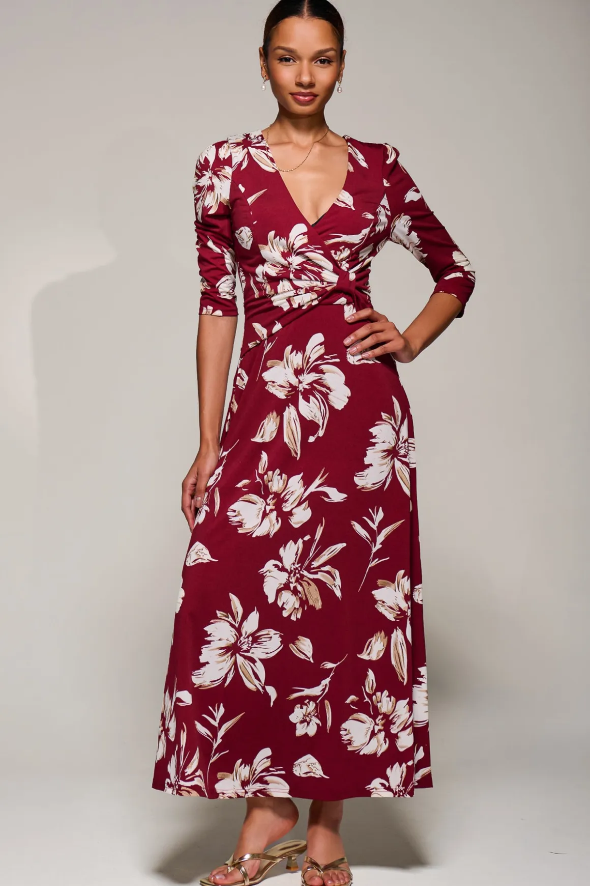 Jersey Ruched Waist Fit & Flare Maxi Dress, Burgundy Floral