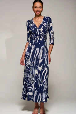 Jersey Ruched Waist Fit & Flare Maxi Dress, Navy Abstract
