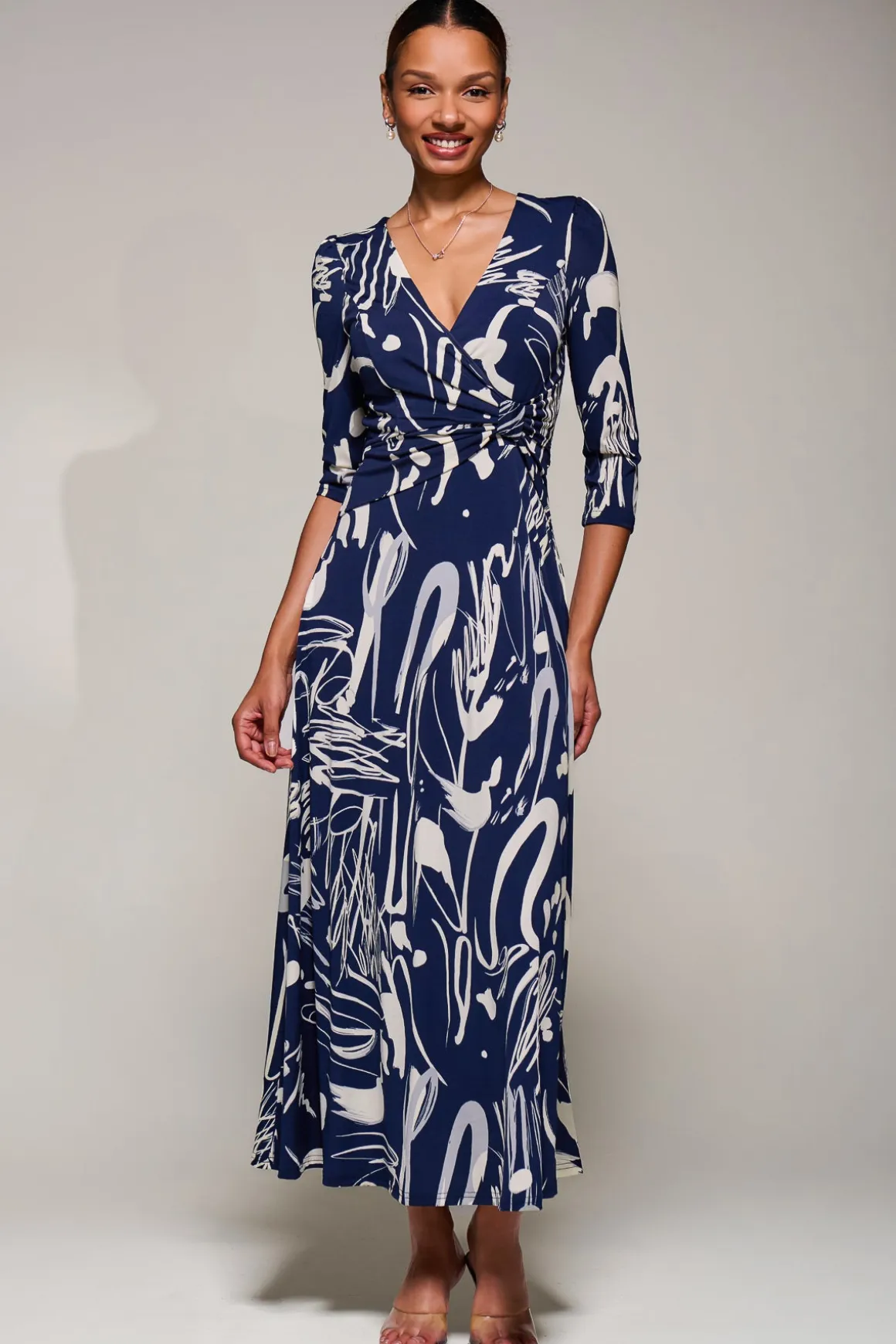 Jersey Ruched Waist Fit & Flare Maxi Dress, Navy Abstract