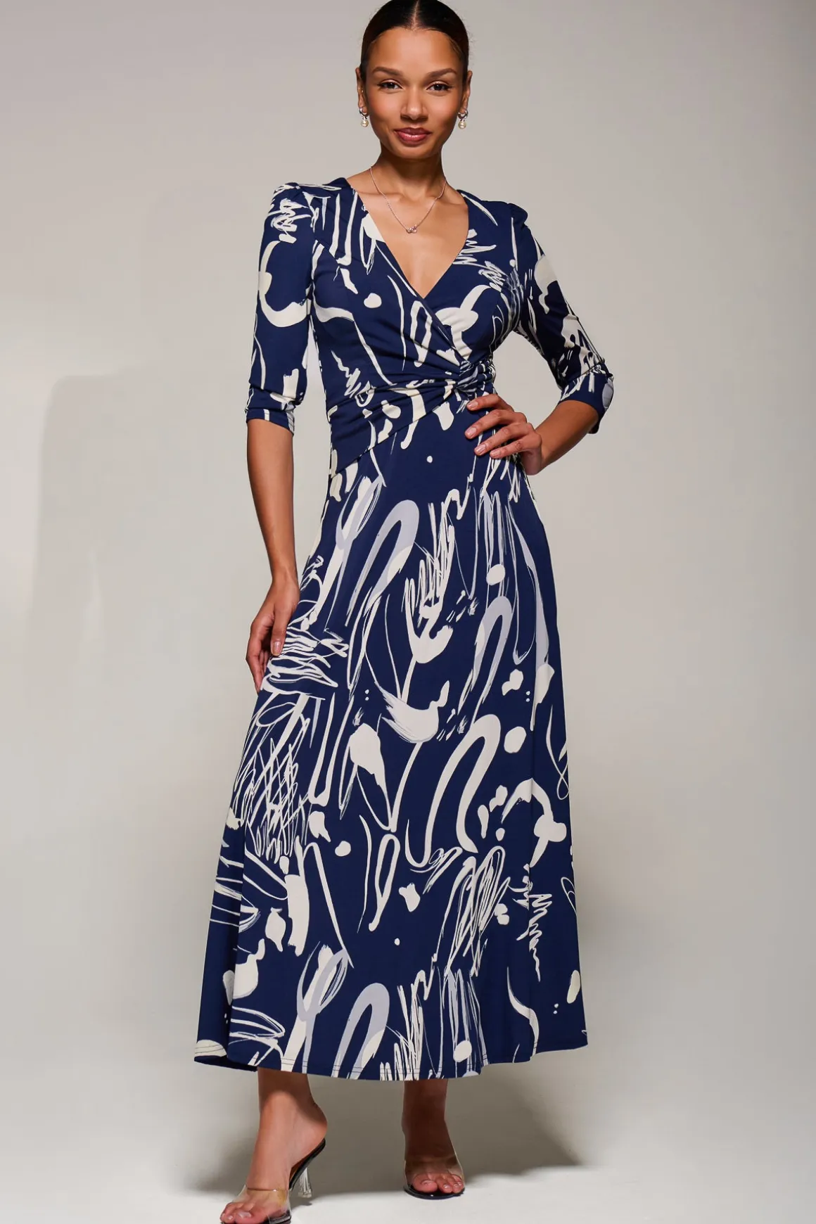 Jersey Ruched Waist Fit & Flare Maxi Dress, Navy Abstract