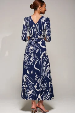 Jersey Ruched Waist Fit & Flare Maxi Dress, Navy Abstract