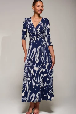 Jersey Ruched Waist Fit & Flare Maxi Dress, Navy Abstract