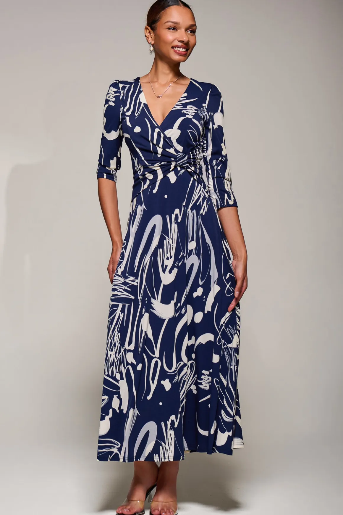 Jersey Ruched Waist Fit & Flare Maxi Dress, Navy Abstract