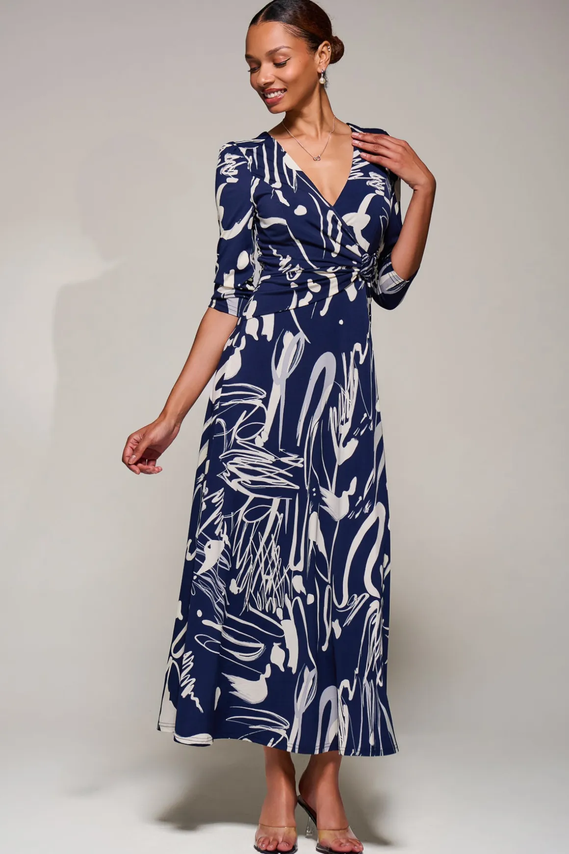 Jersey Ruched Waist Fit & Flare Maxi Dress, Navy Abstract