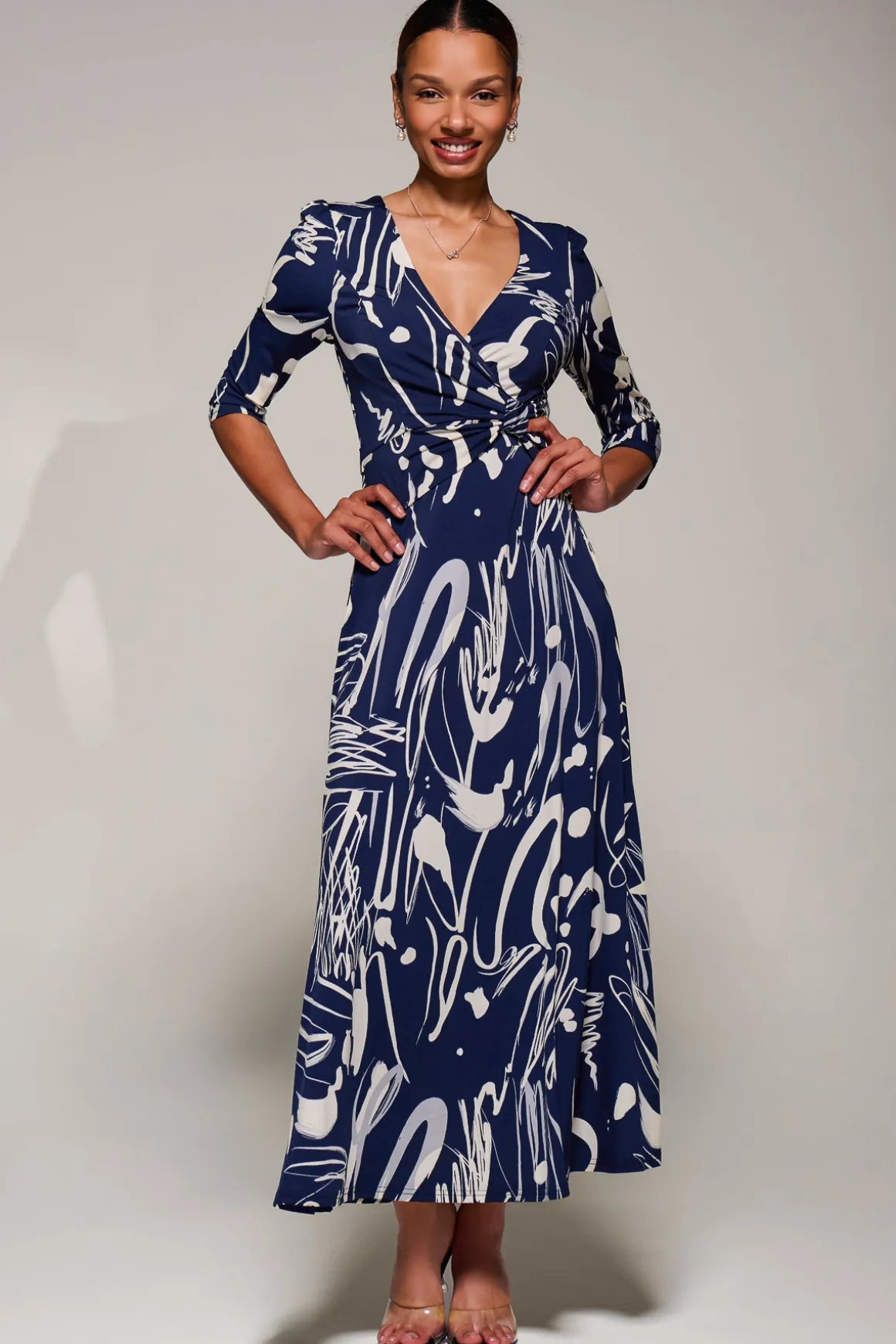 Jersey Ruched Waist Fit & Flare Maxi Dress, Navy Abstract