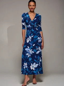 Jersey Ruched Waist Fit & Flare Maxi Dress, Navy Floral