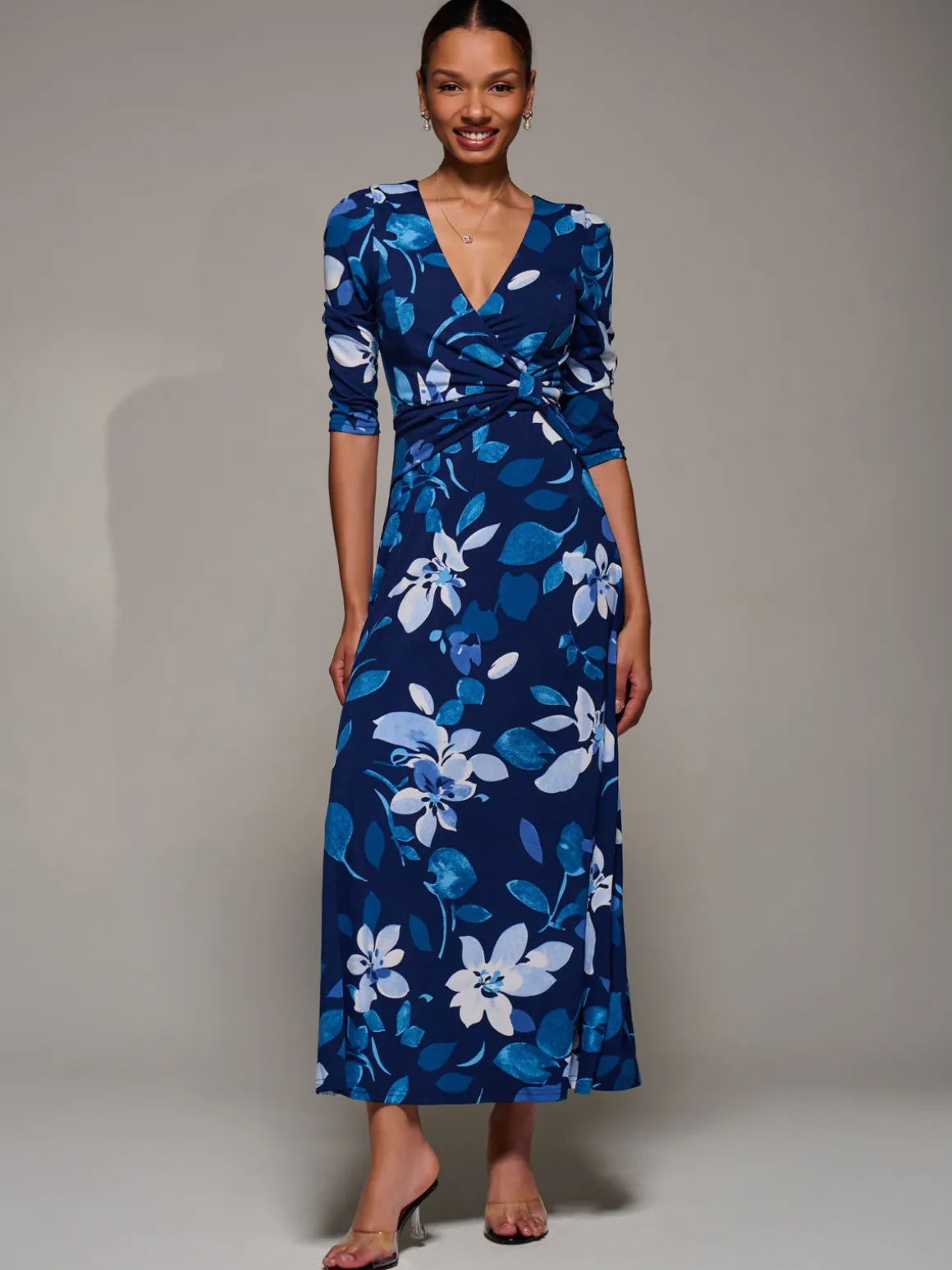 Jersey Ruched Waist Fit & Flare Maxi Dress, Navy Floral