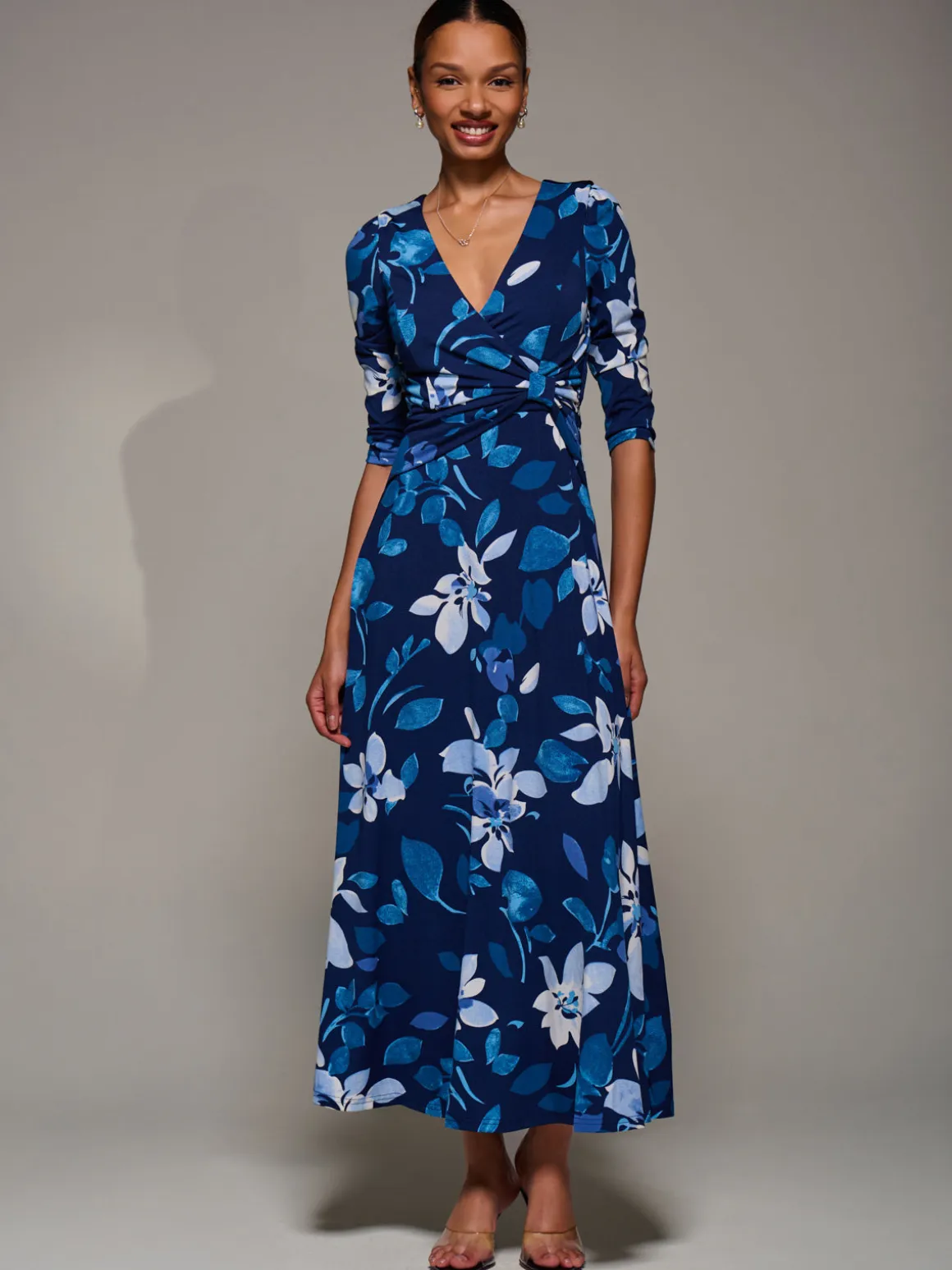 Jersey Ruched Waist Fit & Flare Maxi Dress, Navy Floral