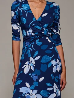 Jersey Ruched Waist Fit & Flare Maxi Dress, Navy Floral