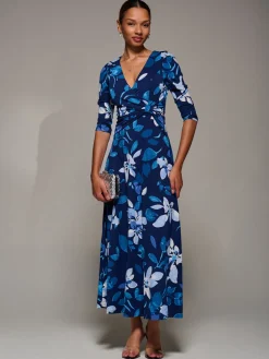 Jersey Ruched Waist Fit & Flare Maxi Dress, Navy Floral