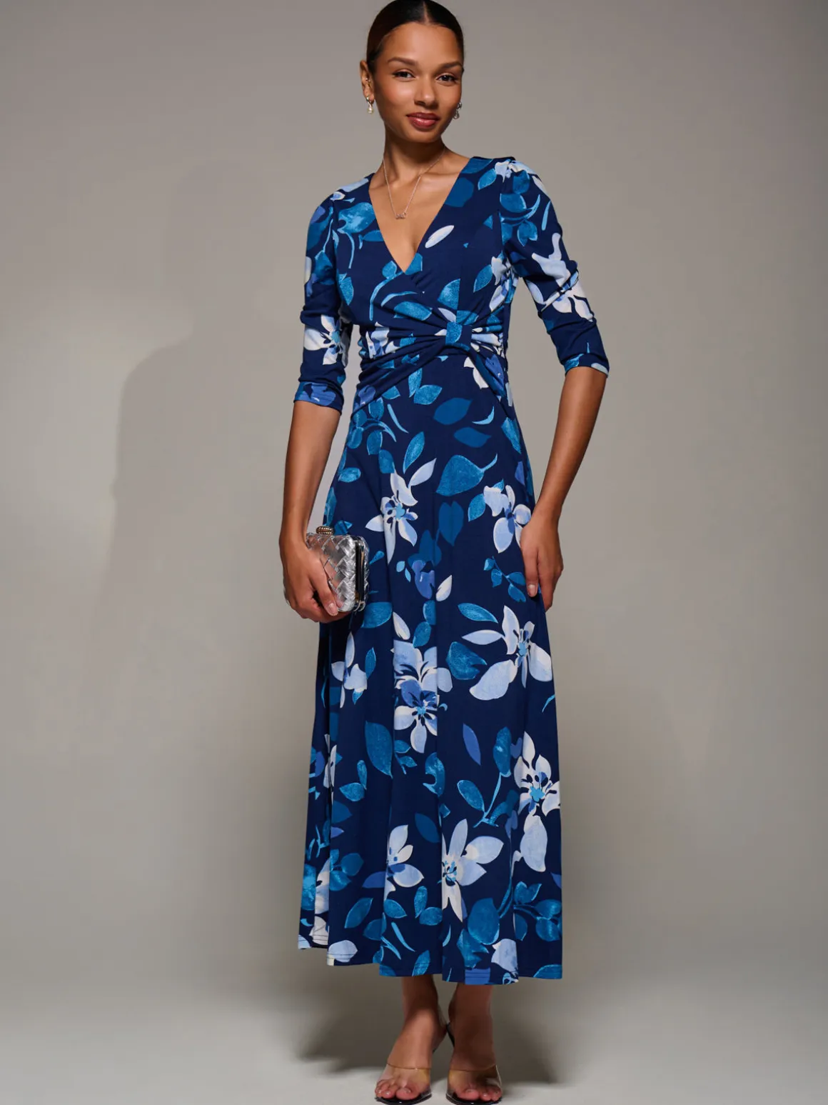 Jersey Ruched Waist Fit & Flare Maxi Dress, Navy Floral