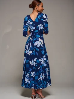 Jersey Ruched Waist Fit & Flare Maxi Dress, Navy Floral