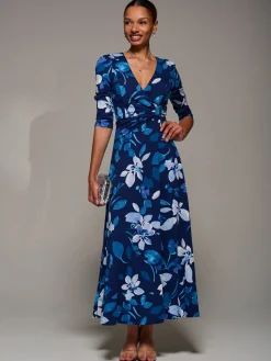Jersey Ruched Waist Fit & Flare Maxi Dress, Navy Floral