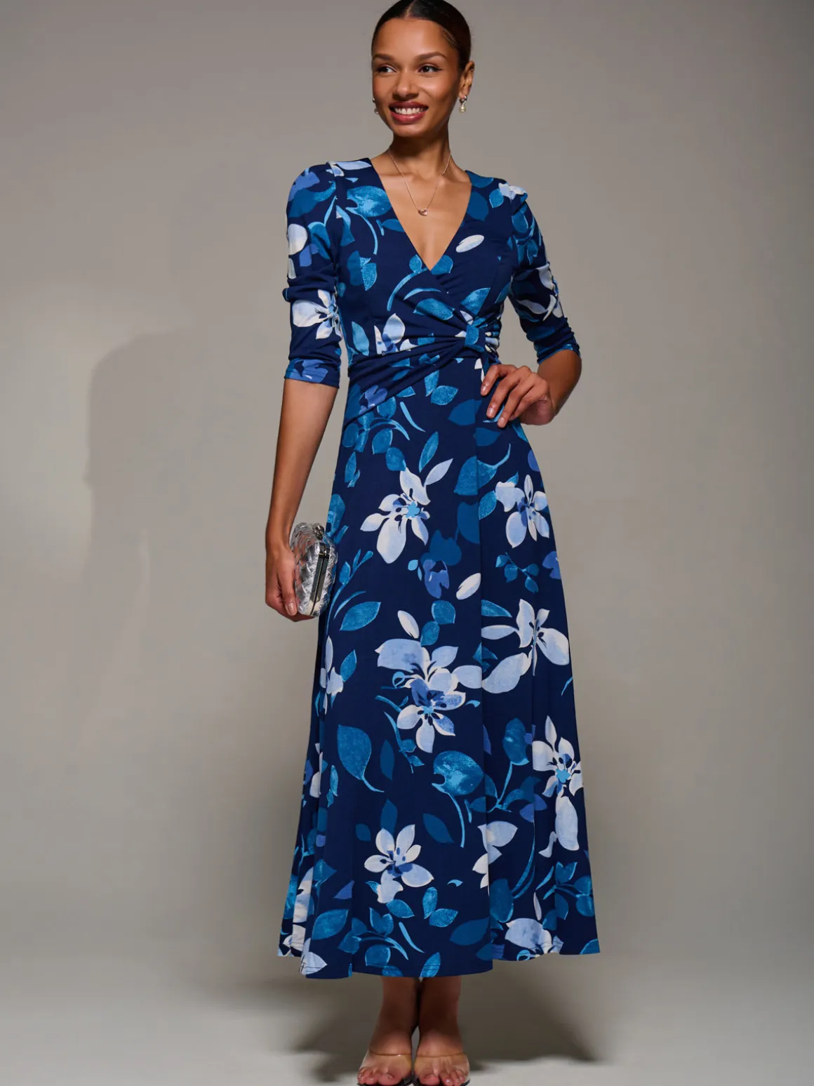 Jersey Ruched Waist Fit & Flare Maxi Dress, Navy Floral