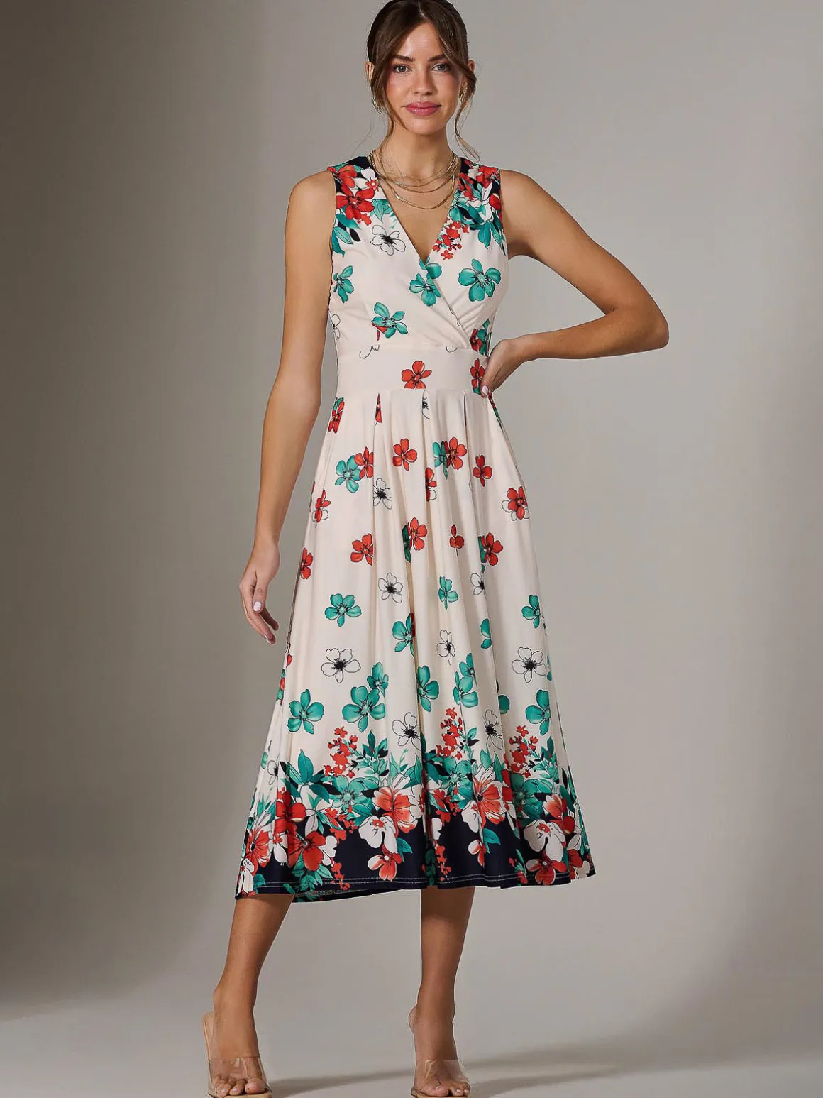 Jersey Sleeveless Midi Dress, Black Floral