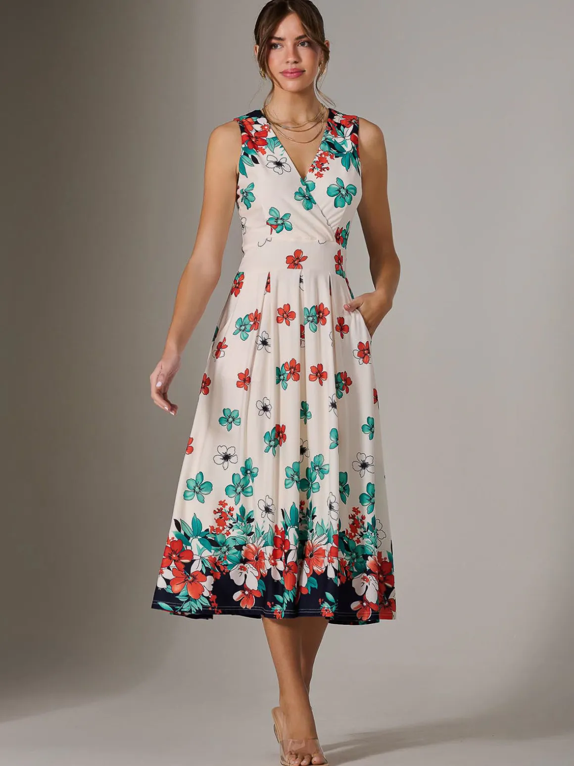 Jersey Sleeveless Midi Dress, Black Floral