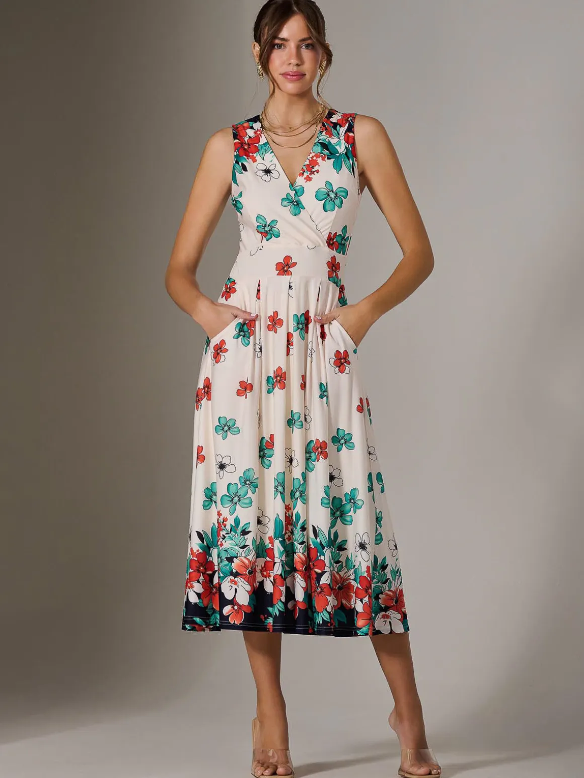 Jersey Sleeveless Midi Dress, Black Floral