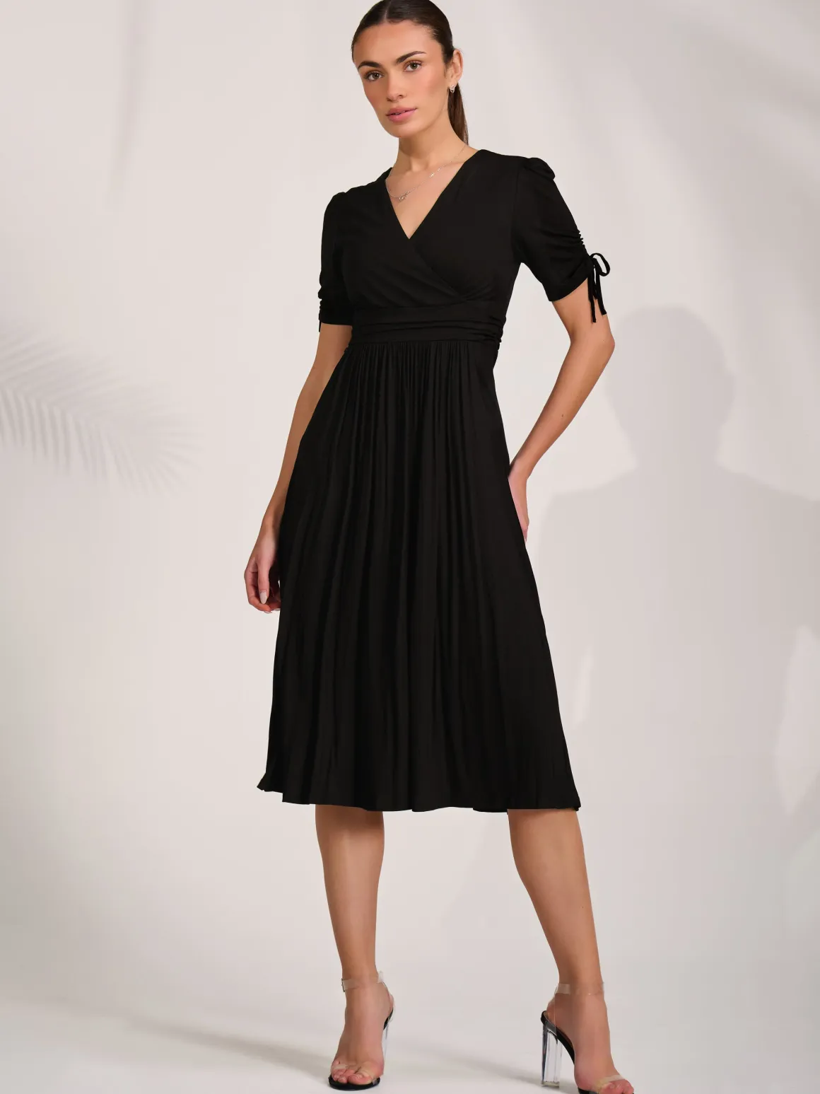 Jersey Tie Sleeve Wrap Front Midi Dress, Black