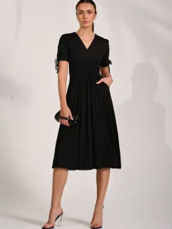 Jersey Tie Sleeve Wrap Front Midi Dress, Black