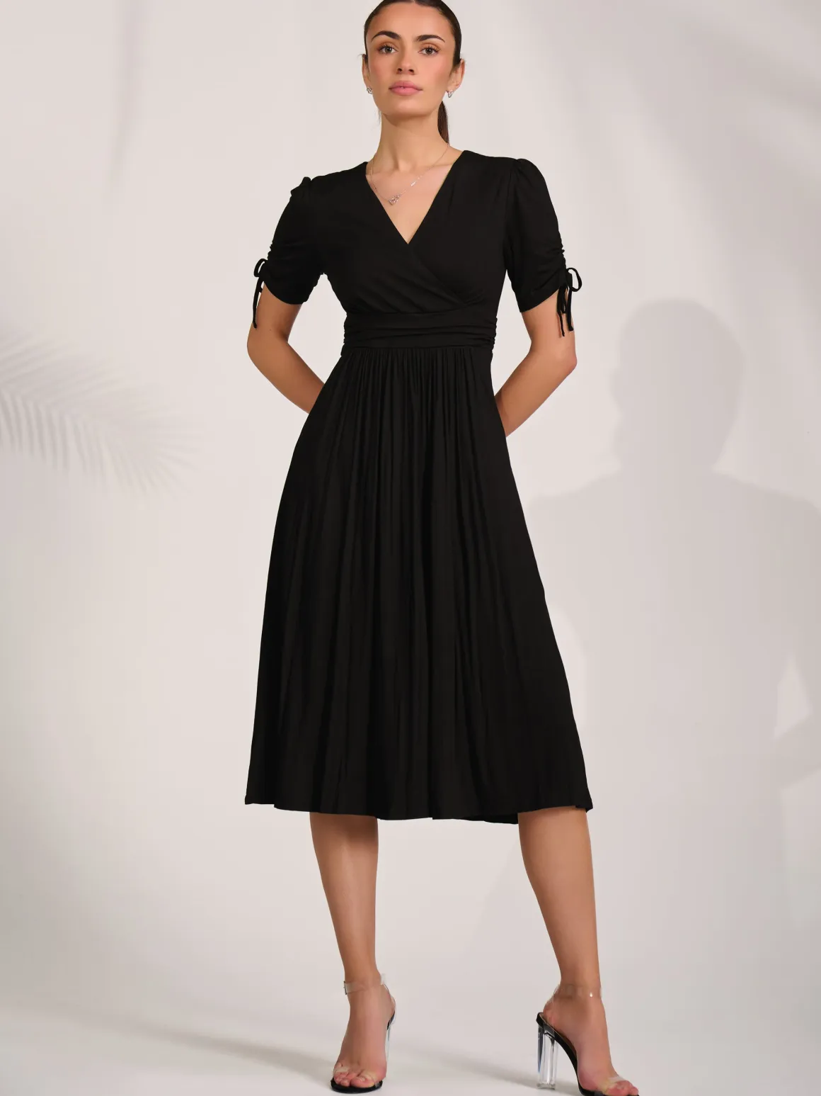 Jersey Tie Sleeve Wrap Front Midi Dress, Black