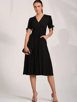 Jersey Tie Sleeve Wrap Front Midi Dress, Black