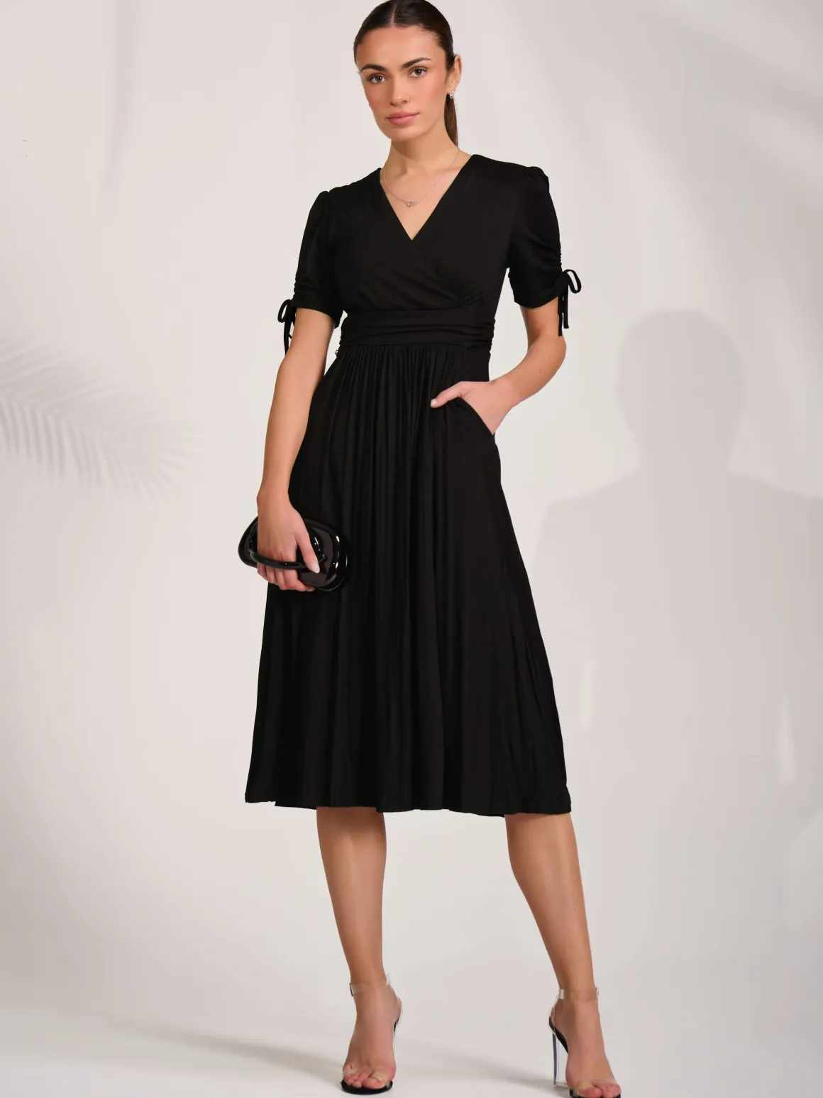 Jersey Tie Sleeve Wrap Front Midi Dress, Black