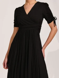 Jersey Tie Sleeve Wrap Front Midi Dress, Black