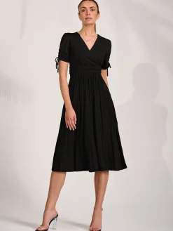 Jersey Tie Sleeve Wrap Front Midi Dress, Black