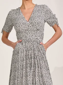 Jersey Tie Sleeve Wrap Front Midi Dress, White Polka