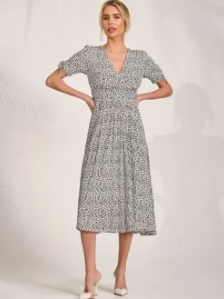 Jersey Tie Sleeve Wrap Front Midi Dress, White Polka