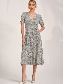 Jersey Tie Sleeve Wrap Front Midi Dress, White Polka