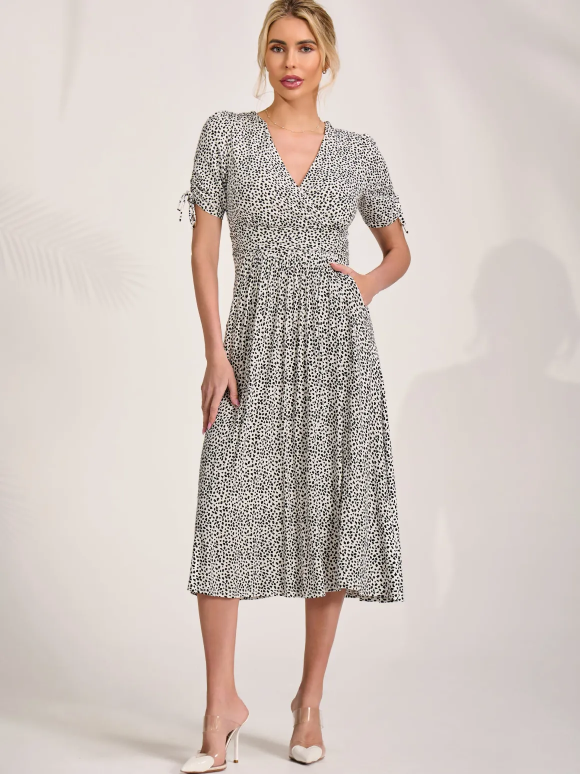 Jersey Tie Sleeve Wrap Front Midi Dress, White Polka