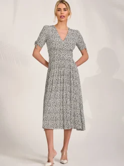 Jersey Tie Sleeve Wrap Front Midi Dress, White Polka