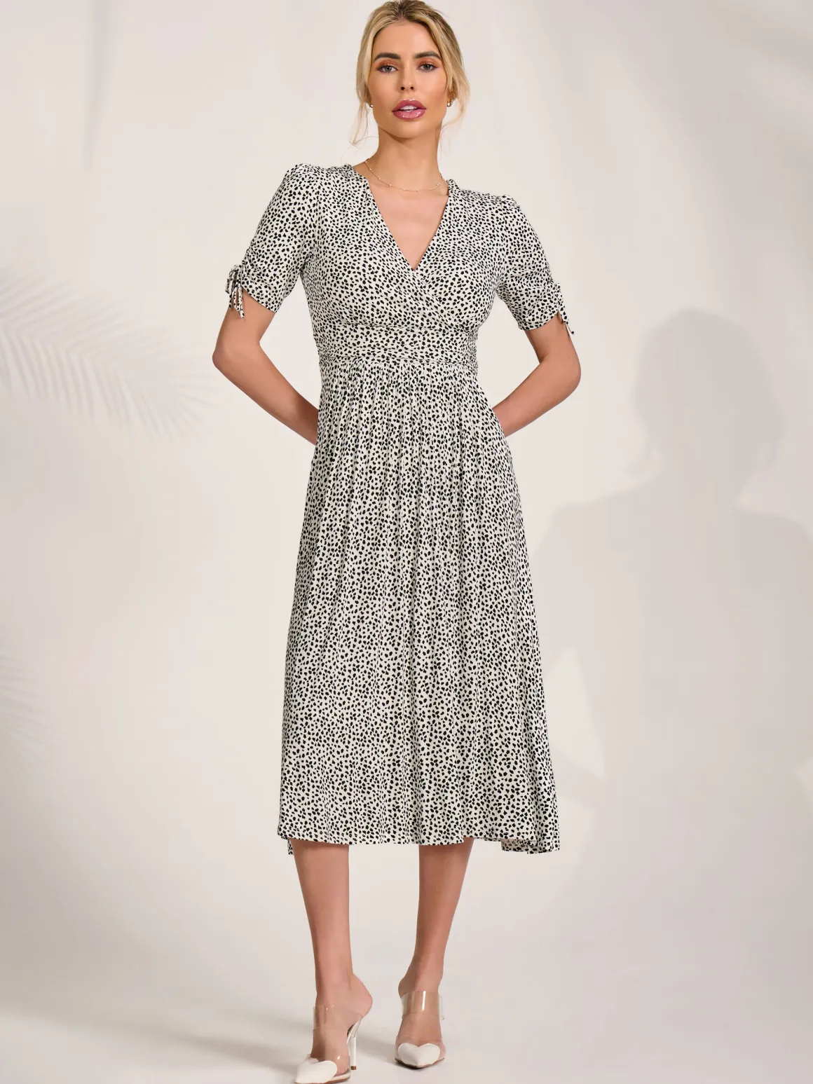 Jersey Tie Sleeve Wrap Front Midi Dress, White Polka