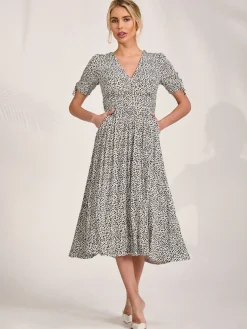 Jersey Tie Sleeve Wrap Front Midi Dress, White Polka