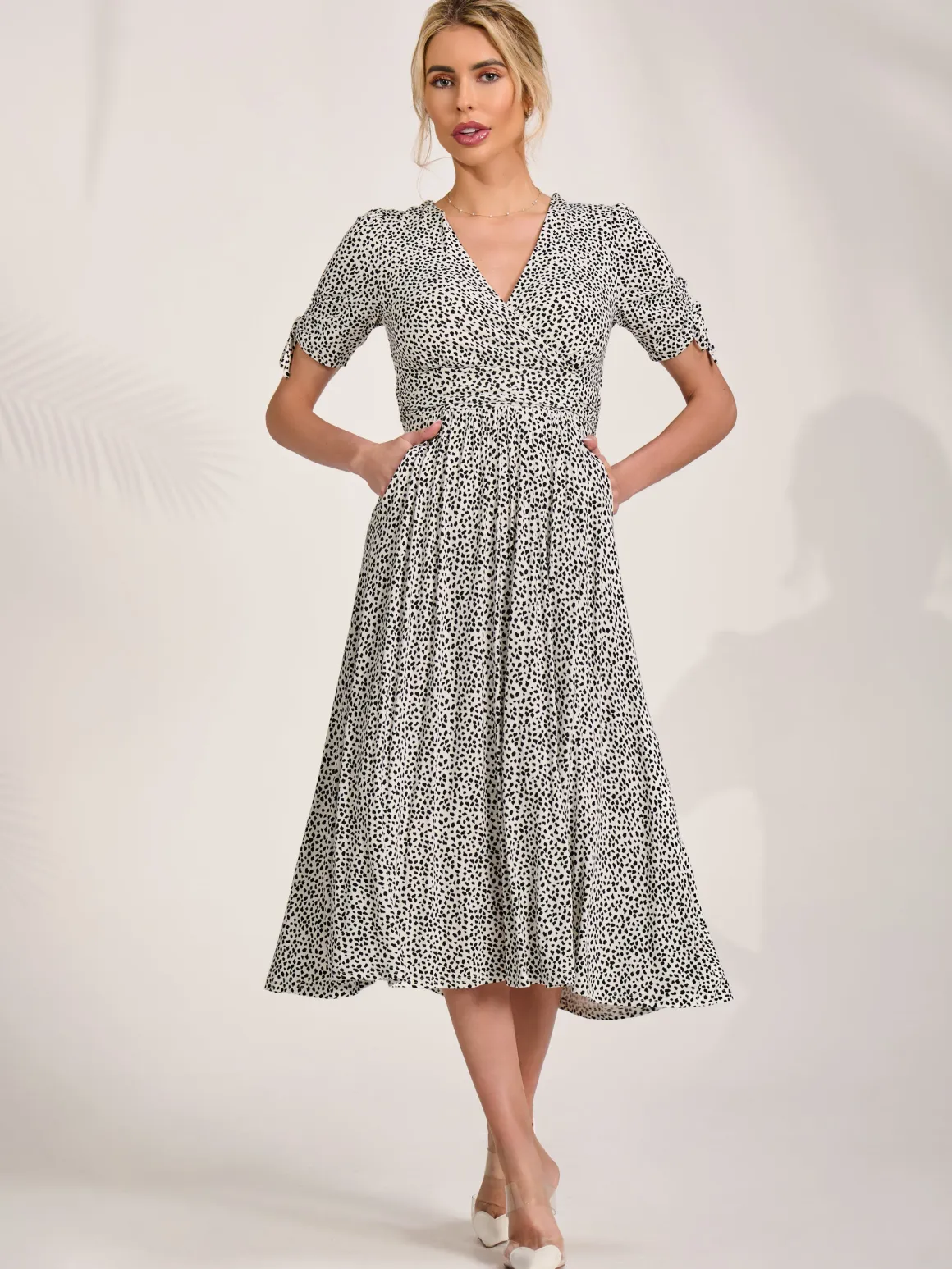 Jersey Tie Sleeve Wrap Front Midi Dress, White Polka