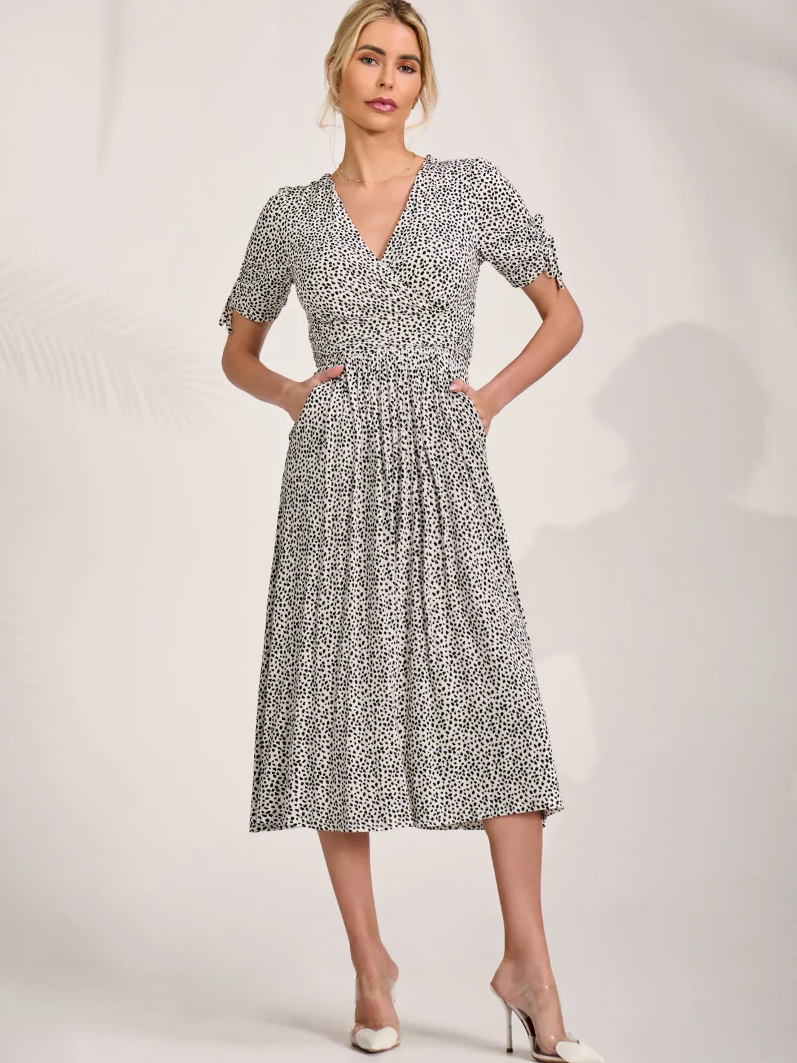 Jersey Tie Sleeve Wrap Front Midi Dress, White Polka