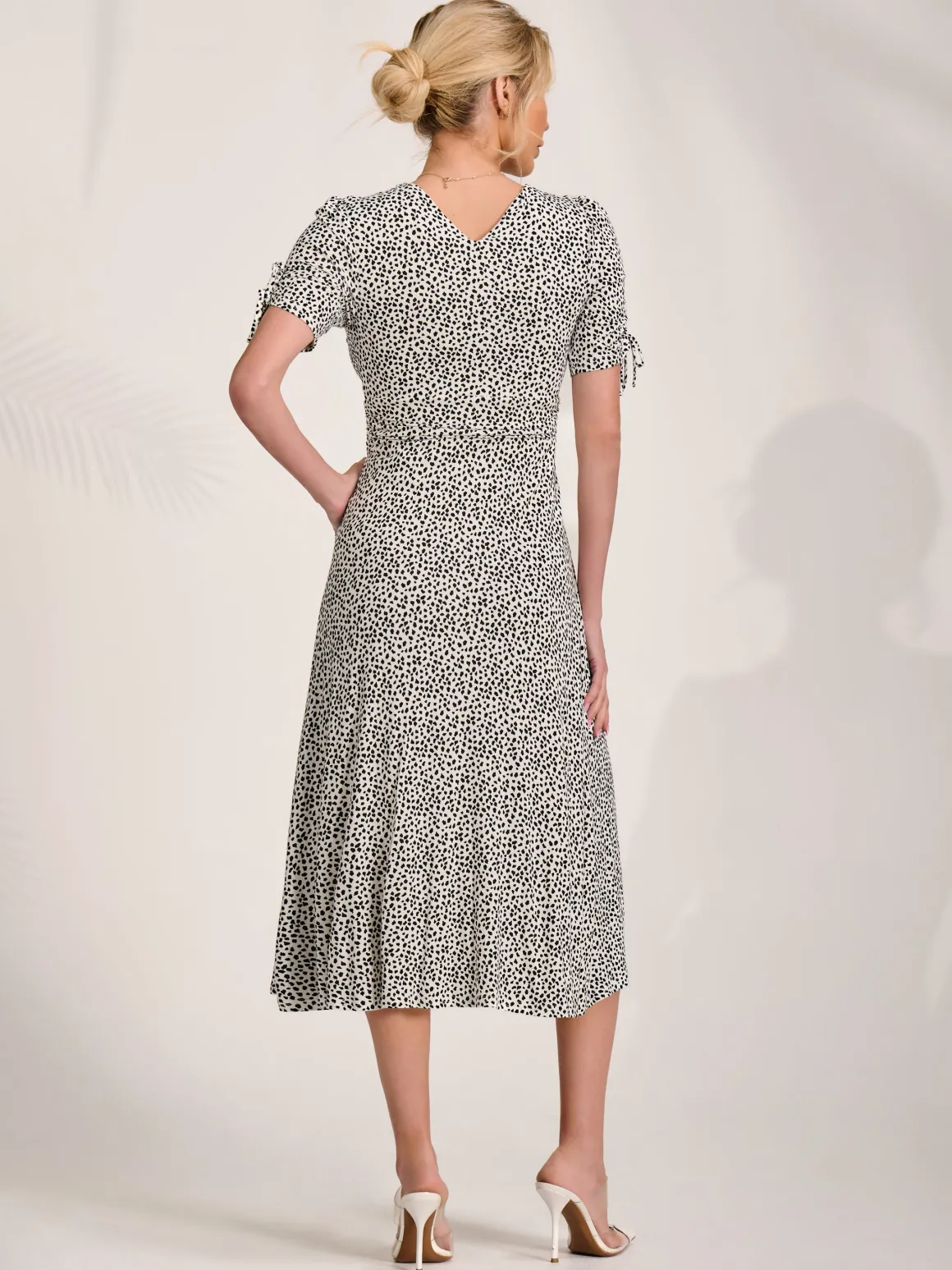 Jersey Tie Sleeve Wrap Front Midi Dress, White Polka