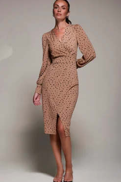 Jersey Wrap Slit Pencil Dress, Black Spot