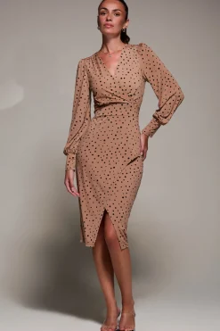 Jersey Wrap Slit Pencil Dress, Black Spot