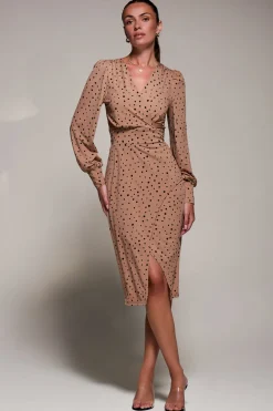 Jersey Wrap Slit Pencil Dress, Black Spot