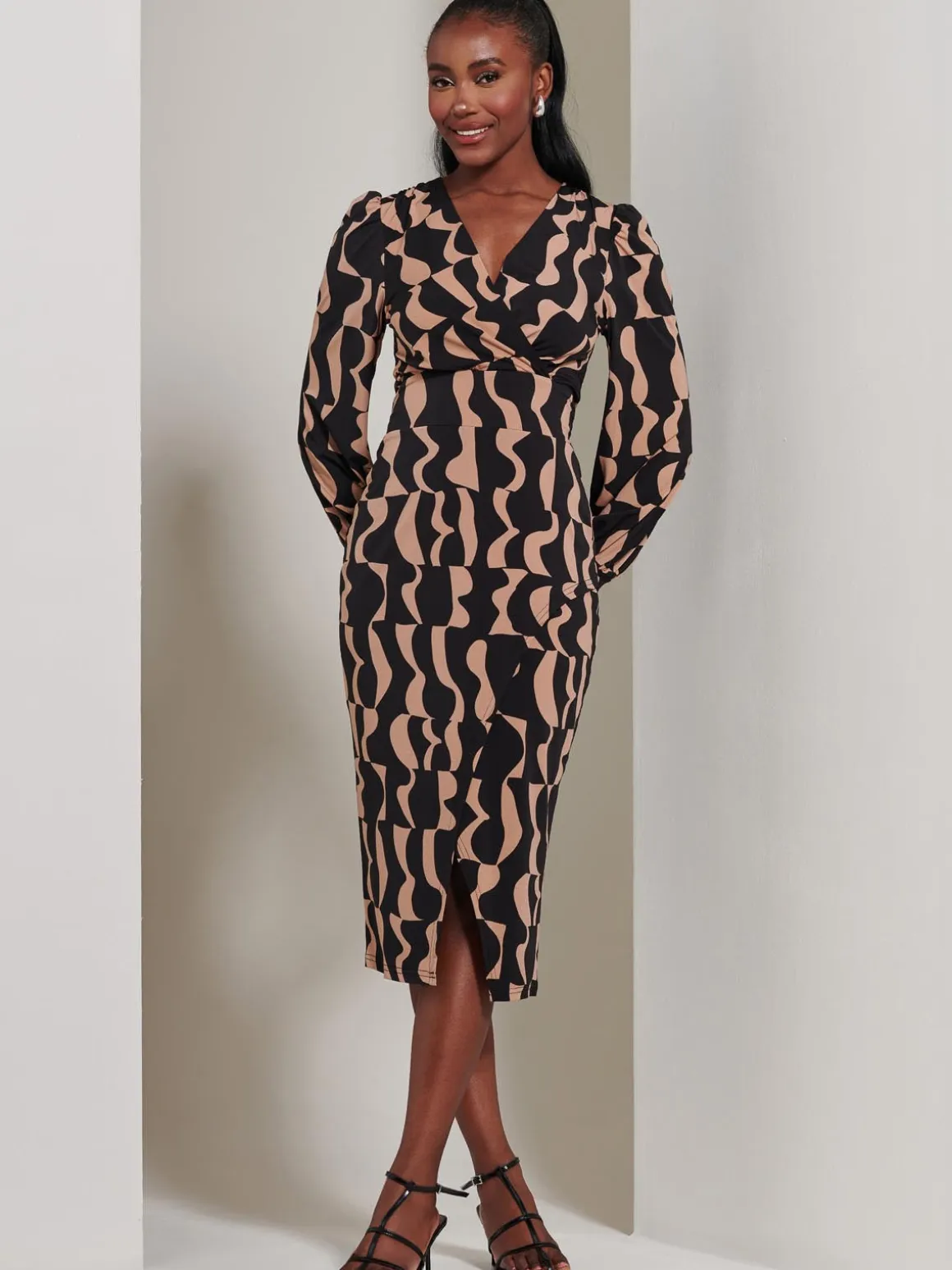 Jersey Wrap Slit Pencil Dress, Brown Pattern