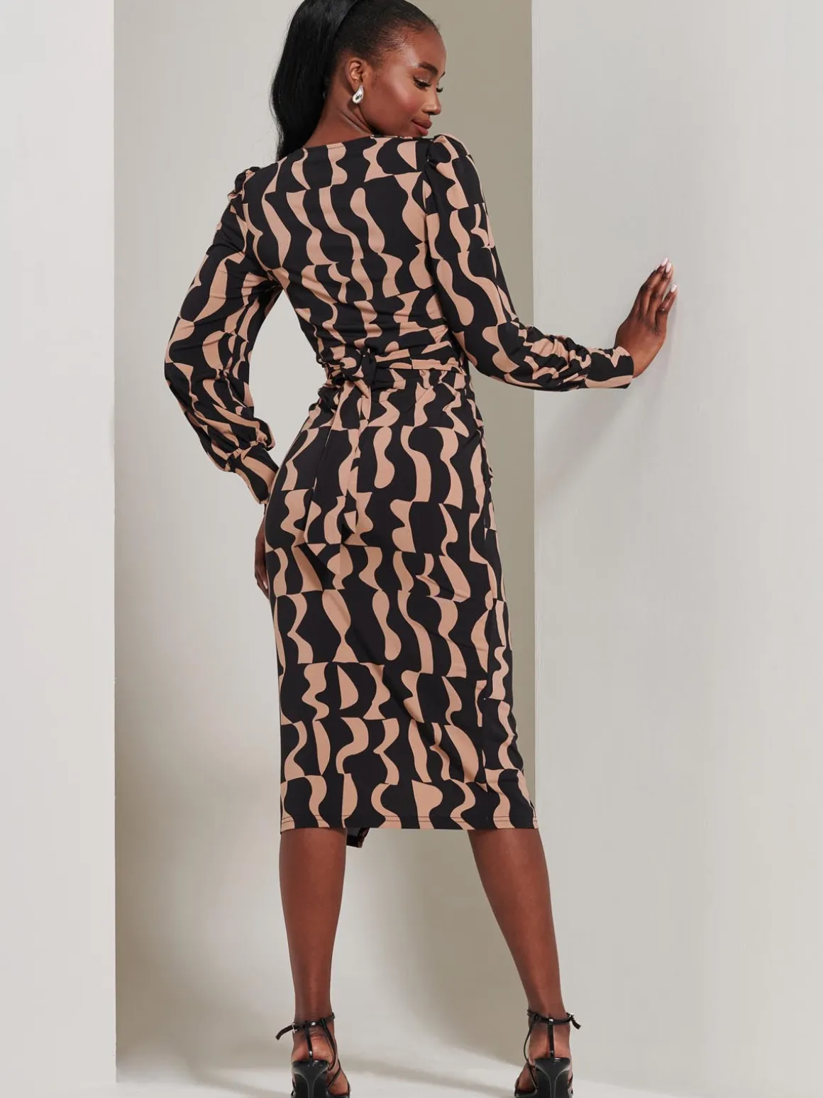 Jersey Wrap Slit Pencil Dress, Brown Pattern