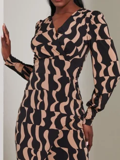 Jersey Wrap Slit Pencil Dress, Brown Pattern