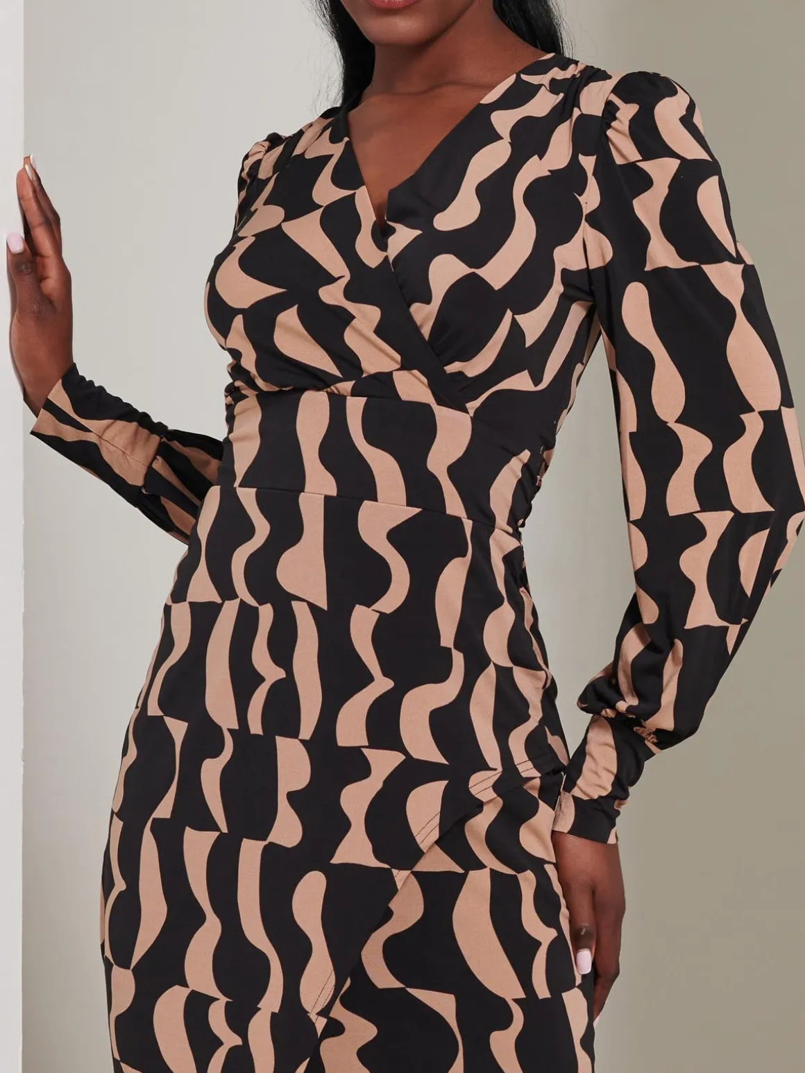 Jersey Wrap Slit Pencil Dress, Brown Pattern