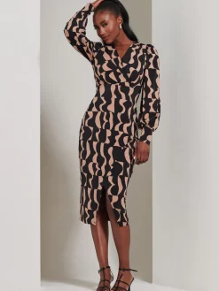 Jersey Wrap Slit Pencil Dress, Brown Pattern