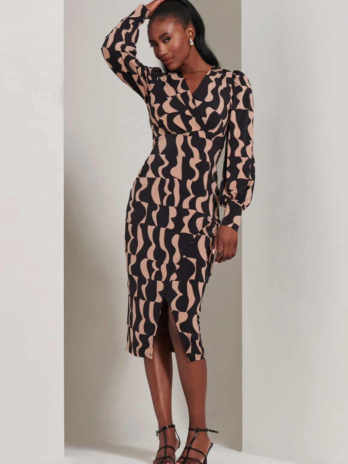 Jersey Wrap Slit Pencil Dress, Brown Pattern
