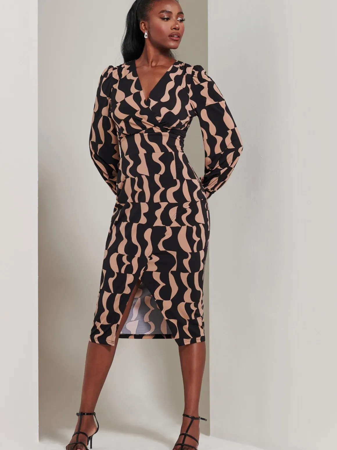 Jersey Wrap Slit Pencil Dress, Brown Pattern