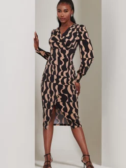 Jersey Wrap Slit Pencil Dress, Brown Pattern